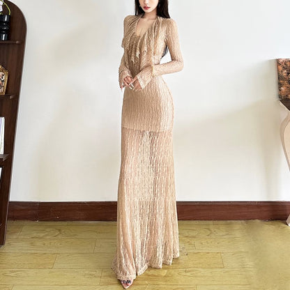 Long Sleeve V-Neck Ruffled Lace See-Through Maxi Bodycon Dress