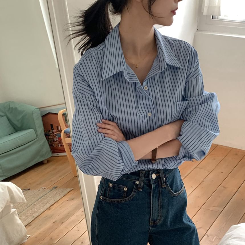 Striped Long-Sleeve Button-Up Shirt