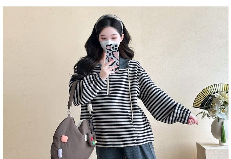 Maternity Half-Zip Hoodie and Pants Set with Striped and High-Waist Loose Fit