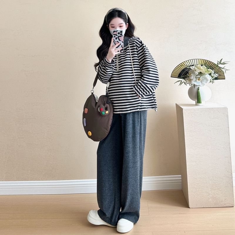 Maternity Half-Zip Hoodie and Pants Set with Striped and High-Waist Loose Fit