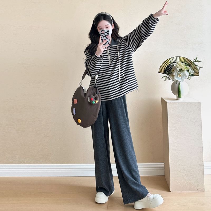 Maternity Half-Zip Hoodie and Pants Set with Striped and High-Waist Loose Fit
