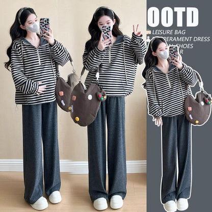 Maternity Half-Zip Hoodie and Pants Set with Striped and High-Waist Loose Fit