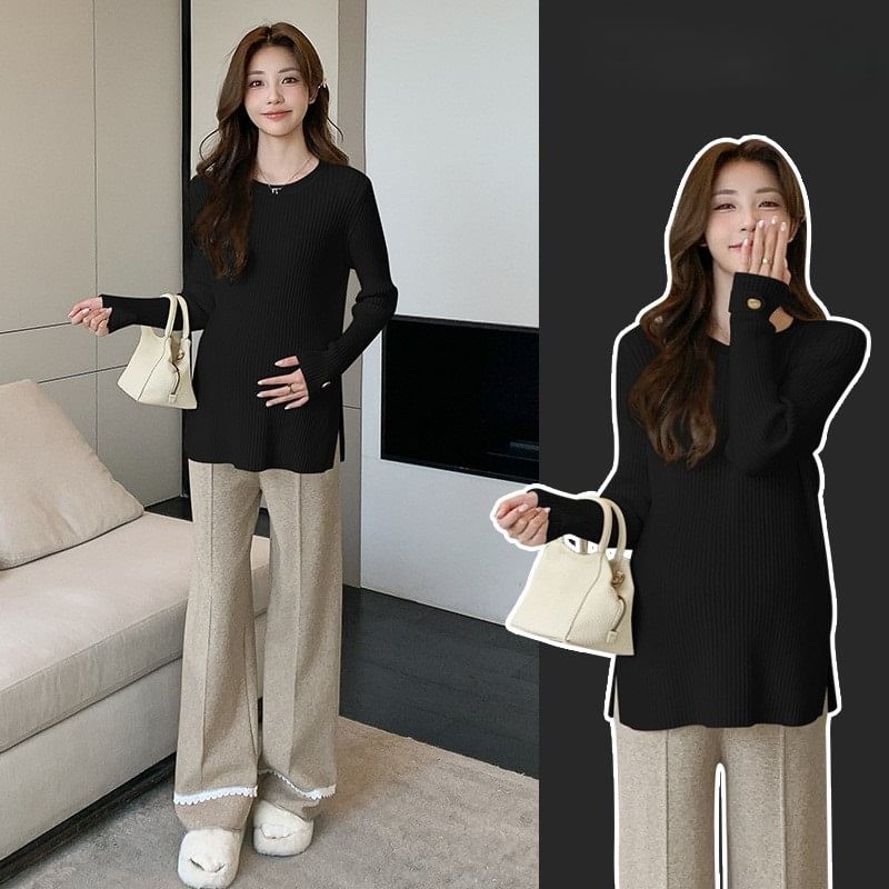 Maternity Knit Top and Pants Set with Ribbed Slit, Long Sleeves, and High-Waist Lace Trim