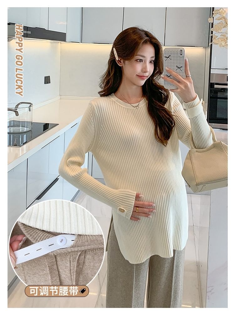 Maternity Knit Top and Pants Set with Ribbed Slit, Long Sleeves, and High-Waist Lace Trim