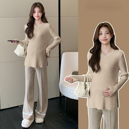 Maternity Knit Top and Pants Set with Ribbed Slit, Long Sleeves, and High-Waist Lace Trim