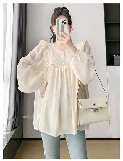 Maternity Crew-Neck Blouse with Ruffled Trim and Long Sleeves
