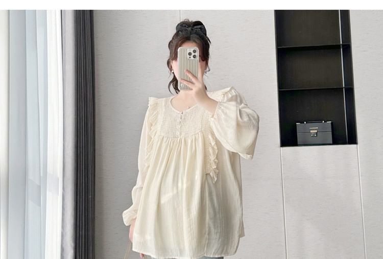 Maternity Crew-Neck Blouse with Ruffled Trim and Long Sleeves