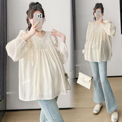 Maternity Crew-Neck Blouse with Ruffled Trim and Long Sleeves