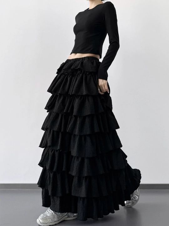 Solid Tiered Maxi A-Line Skirt Elastic Waist