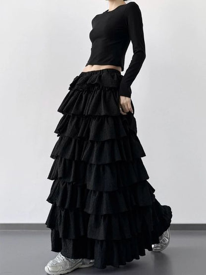 Solid Tiered Maxi A-Line Skirt Elastic Waist