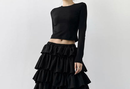 Solid Tiered Maxi A-Line Skirt Elastic Waist