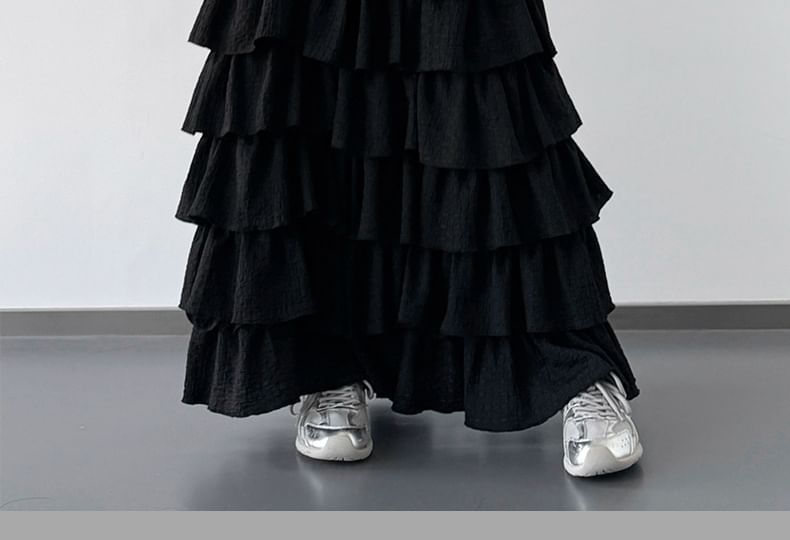 Solid Tiered Maxi A-Line Skirt Elastic Waist