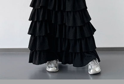 Solid Tiered Maxi A-Line Skirt Elastic Waist