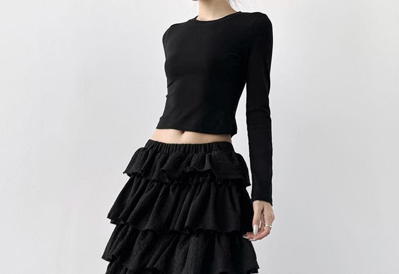 Solid Tiered Maxi A-Line Skirt Elastic Waist