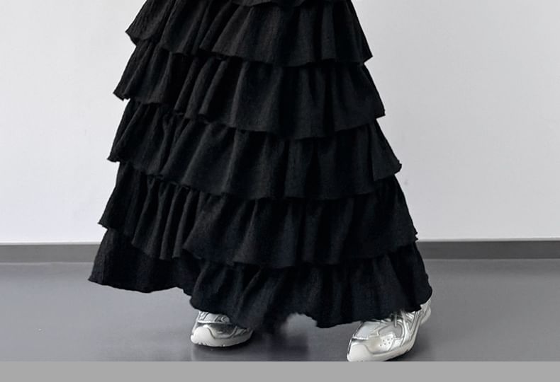 Solid Tiered Maxi A-Line Skirt Elastic Waist
