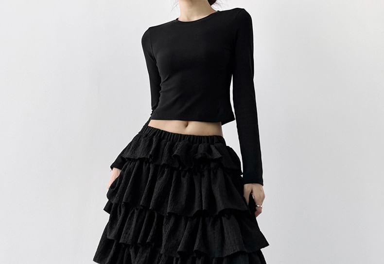 Solid Tiered Maxi A-Line Skirt Elastic Waist
