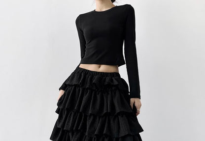 Solid Tiered Maxi A-Line Skirt Elastic Waist