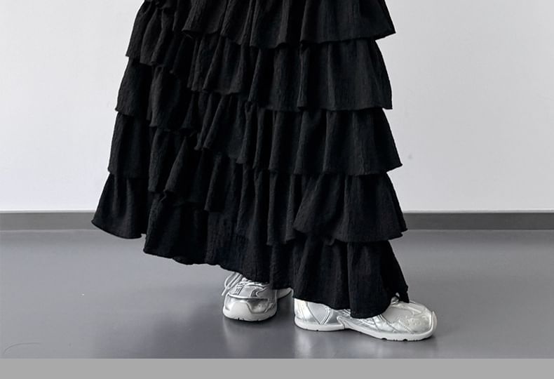 Solid Tiered Maxi A-Line Skirt Elastic Waist