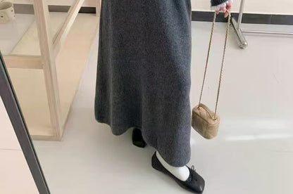 Set: Round Neck Ruffle Trim Slit Sweater & Maxi A-Line Skirt