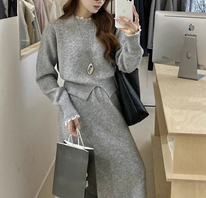 Set: Round Neck Ruffle Trim Slit Sweater & Maxi A-Line Skirt