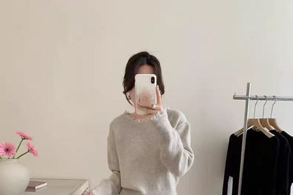 Set: Round Neck Ruffle Trim Slit Sweater & Maxi A-Line Skirt