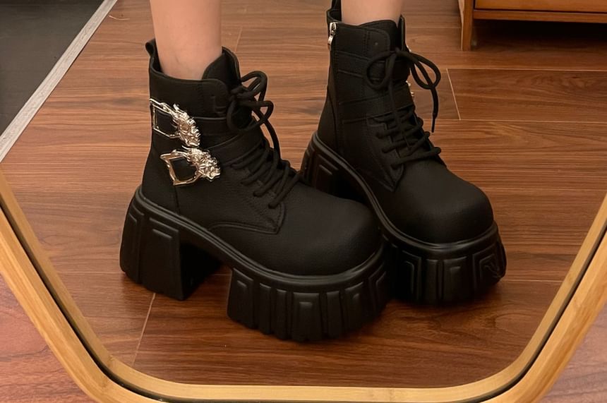 Faux Leather Platform Buckled Strap Short Boots