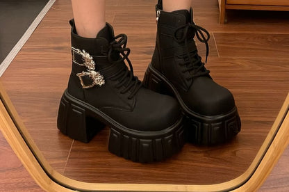 Faux Leather Platform Buckled Strap Short Boots