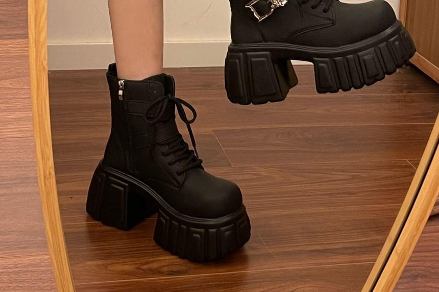 Faux Leather Platform Buckled Strap Short Boots