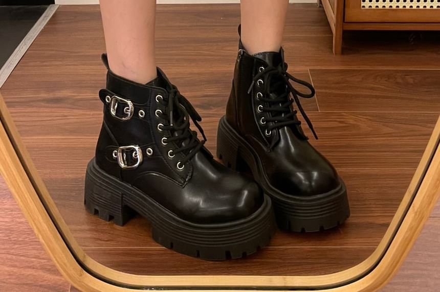 Faux Leather Buckled Strap Platform Short Boots