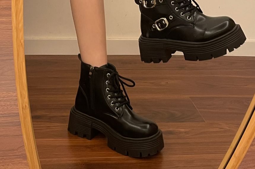 Faux Leather Buckled Strap Platform Short Boots