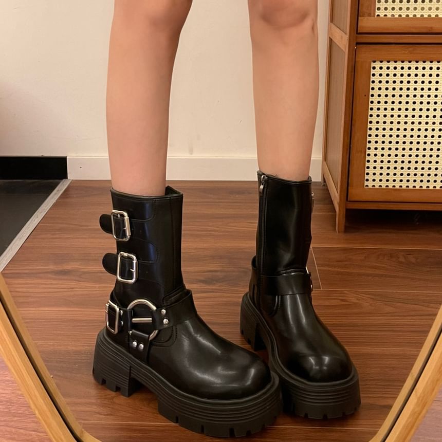 Faux Leather Buckled Strap Short Boots