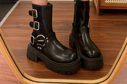 Faux Leather Buckled Strap Short Boots