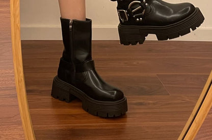 Faux Leather Buckled Strap Short Boots