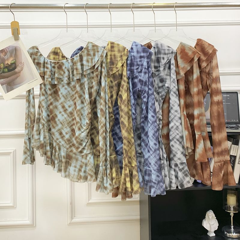 Tie-Dye Ruffled Mesh Top with Flared Cuffs