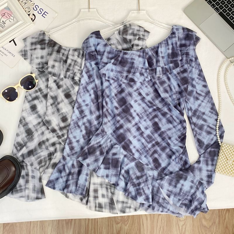 Tie-Dye Ruffled Mesh Top with Flared Cuffs