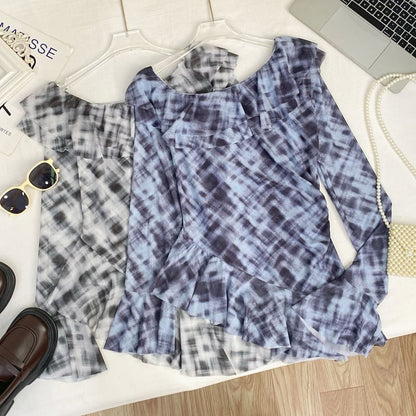 Tie-Dye Ruffled Mesh Top with Flared Cuffs