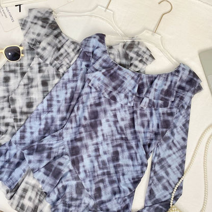 Tie-Dye Ruffled Mesh Top with Flared Cuffs