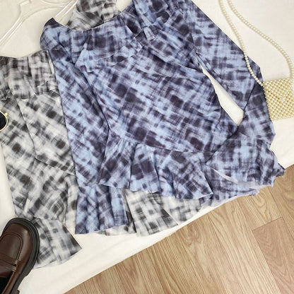 Tie-Dye Ruffled Mesh Top with Flared Cuffs