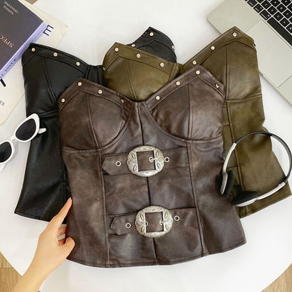 Faux Leather Studded Buckled Tube Top