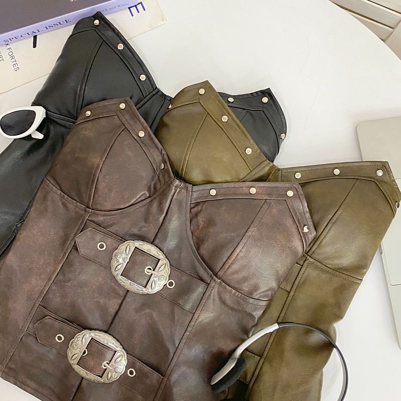 Faux Leather Studded Buckled Tube Top