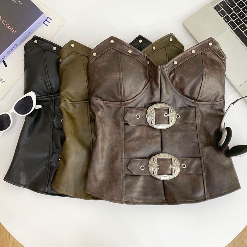 Faux Leather Studded Buckled Tube Top