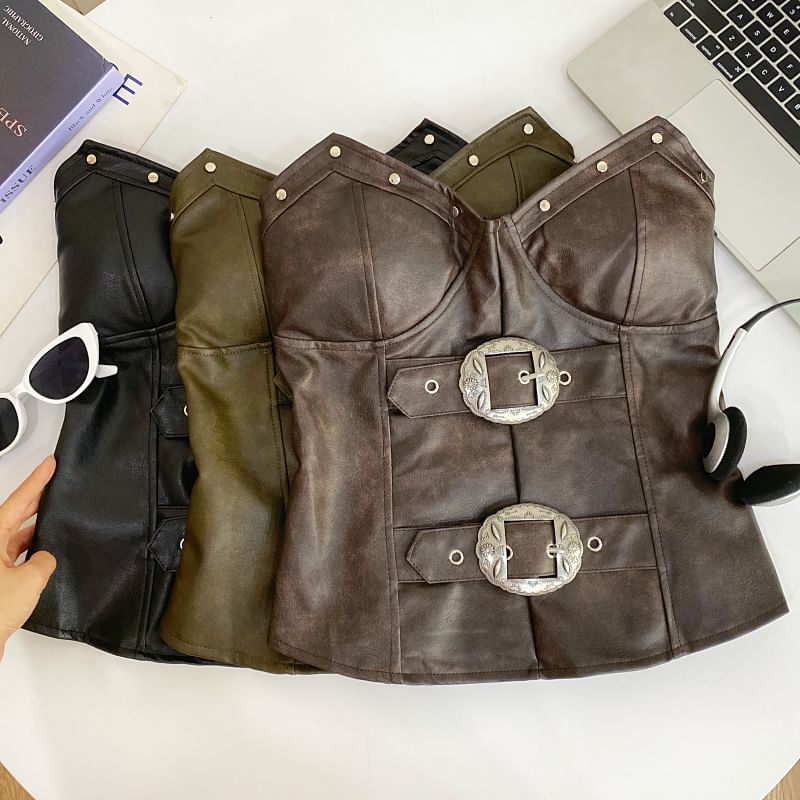 Faux Leather Studded Buckled Tube Top