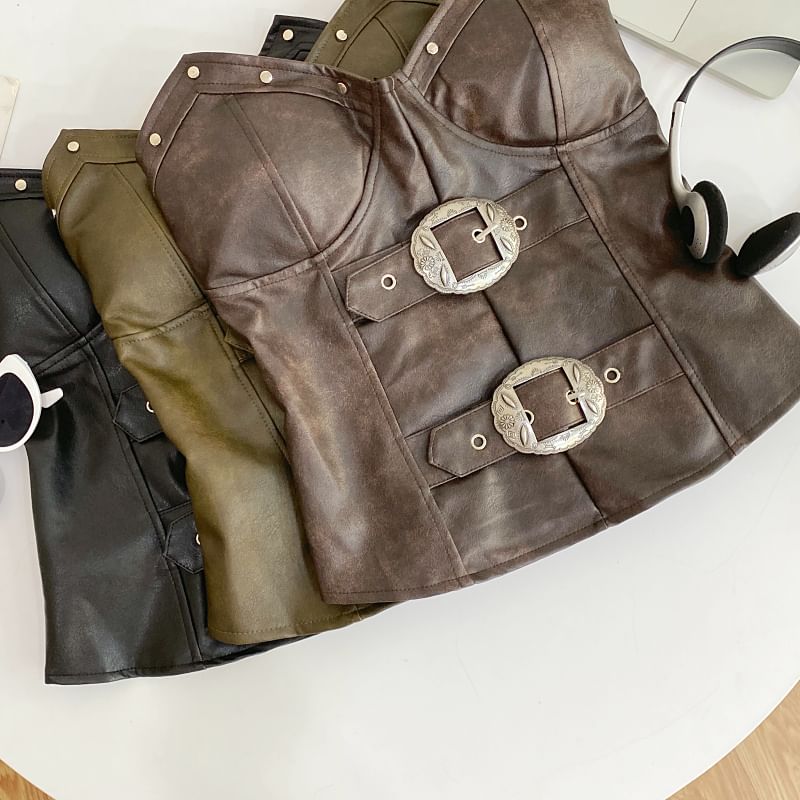 Faux Leather Studded Buckled Tube Top