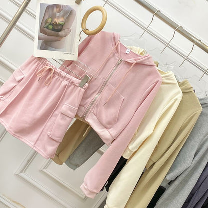 Solid Cropped Zip Hoodie and High-Rise Cargo Mini Skirt Set
