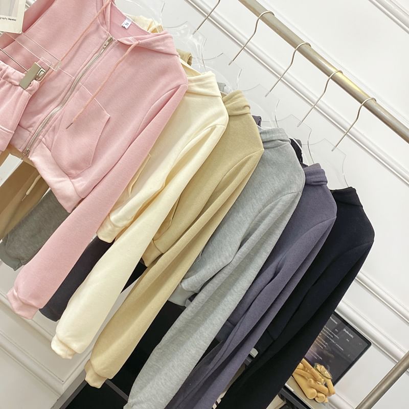 Solid Cropped Zip Hoodie and High-Rise Cargo Mini Skirt Set