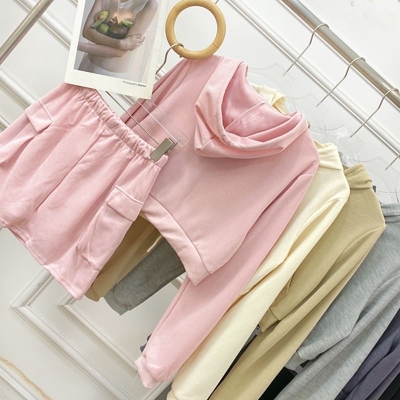 Solid Cropped Zip Hoodie and High-Rise Cargo Mini Skirt Set