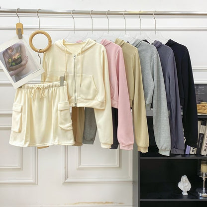Solid Cropped Zip Hoodie and High-Rise Cargo Mini Skirt Set