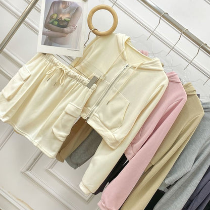 Solid Cropped Zip Hoodie and High-Rise Cargo Mini Skirt Set
