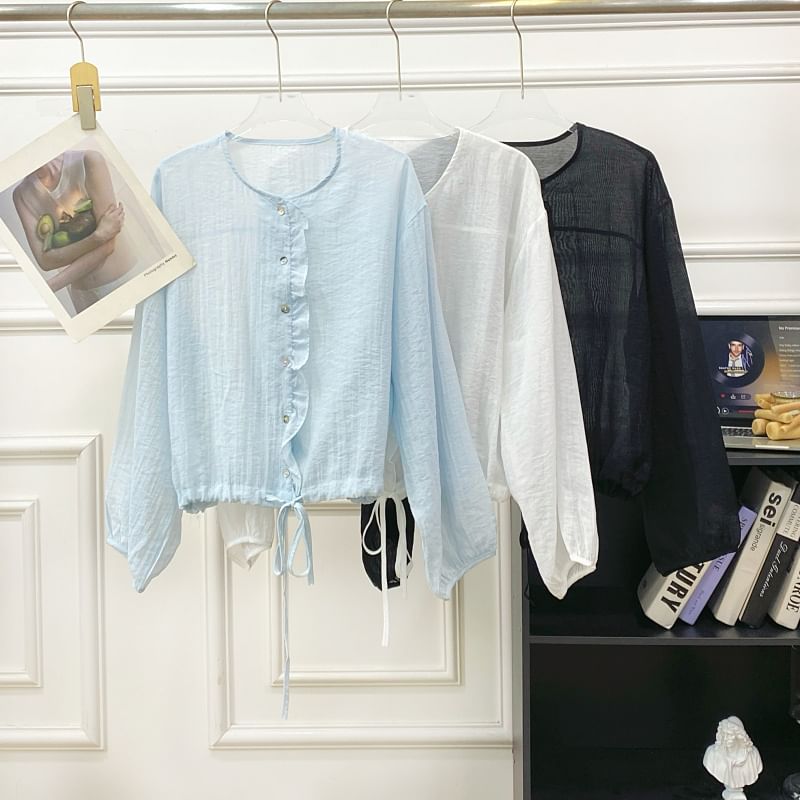 Drawstring Button-Up Blouse with Ruffled Puff Sleeves