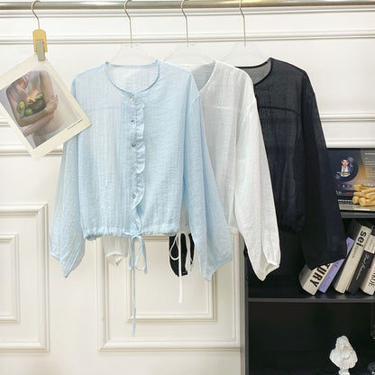 Drawstring Button-Up Blouse with Ruffled Puff Sleeves
